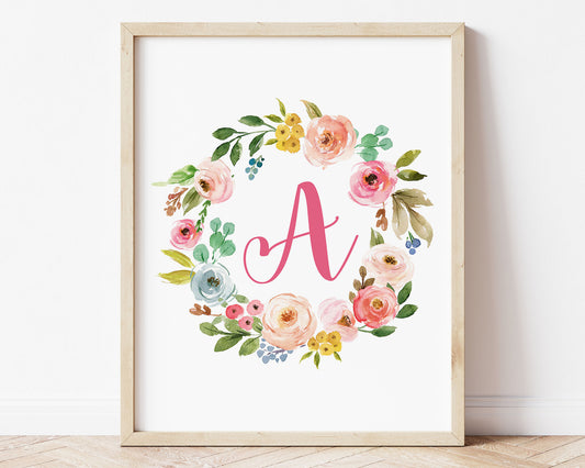 Watercolor Floral Wreath Letter A Monogram Printable Wall Art, Digital Download