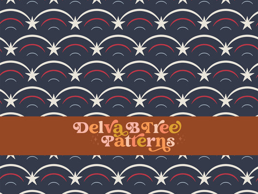 Red, vintage white and blue patriotic stars and stripes on a dark blue background seamless file for fabric printing perfect for the 4th of July. Independence Day Repeat Pattern for textiles, polymailers, baby girl lovey blankets, nursery crib bedding, kids clothing, girls hair accessories, home decor accents, pet products.