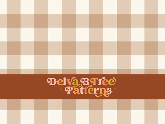 One inch light brown and off white gingham seamless file for fabric printing. Classic Buffalo Checked Repeat Pattern for textiles, polymailers, baby boy lovey blankets, nursery crib bedding, kids clothing, girls hair accessories, home decor accents, pet products.