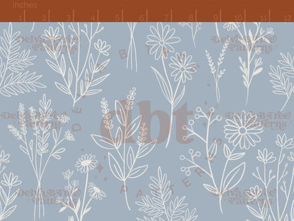 Off white botanical line art wildflowers and leaves on a cadet blue background seamless pattern scale digital file for small shops that make handmade products in small batches.