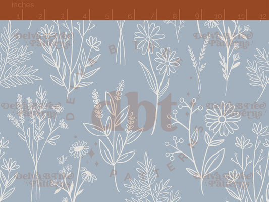 Off white botanical line art wildflowers and leaves on a cadet blue background seamless pattern scale digital file for small shops that make handmade products in small batches.
