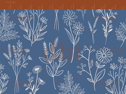 Off white botanical line art wildflowers and leaves on a federal blue background seamless pattern scale digital file for small shops that make handmade products in small batches.