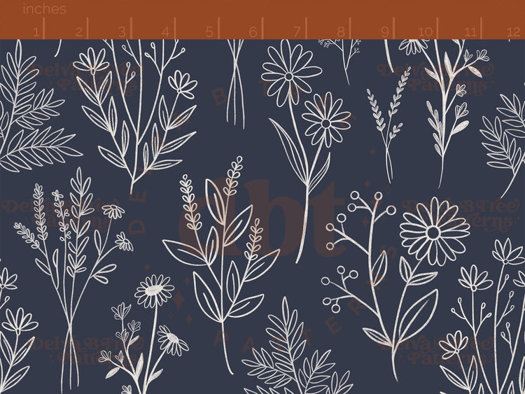 Off white botanical line art wildflowers and leaves on a dark blue background seamless pattern scale digital file for small shops that make handmade products in small batches.