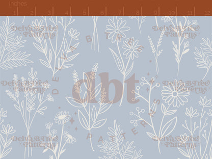 Off white botanical line art wildflowers and leaves on a pastel blue background seamless pattern scale digital file for small shops that make handmade products in small batches.