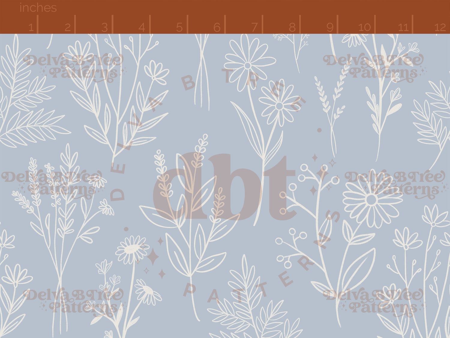 Off white botanical line art wildflowers and leaves on a pastel blue background seamless pattern scale digital file for small shops that make handmade products in small batches.