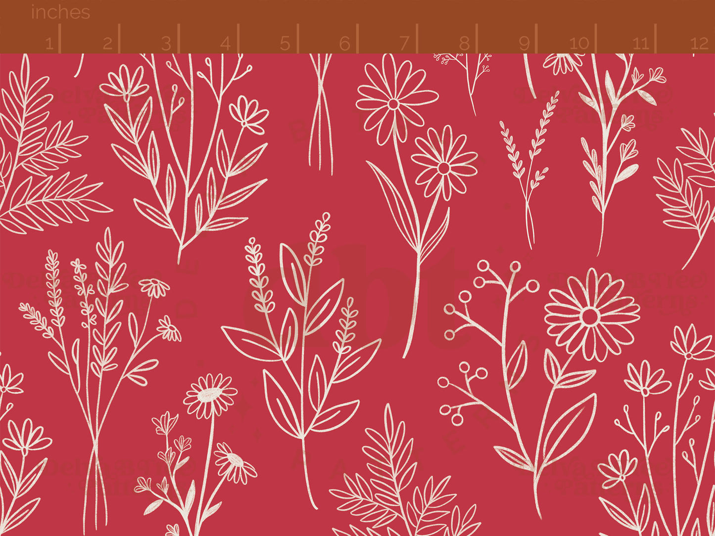 Off white botanical line art wildflowers and leaves on a watermelon red background seamless pattern scale digital file for small shops that make handmade products in small batches.