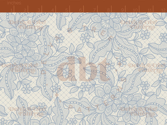Cadet blue flowers, leaves and faux lace netting on an alabaster / vintage off white background seamless pattern scale digital file for small shops that make handmade products in small batches.