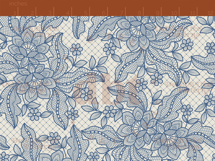 Federal blue flowers, leaves and faux lace netting on an alabaster / vintage off white background seamless pattern scale digital file for small shops that make handmade products in small batches.
