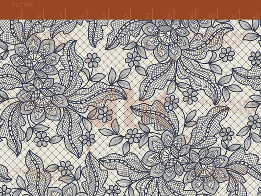 Dark blue flowers, leaves and faux lace netting on an alabaster / vintage off white background seamless pattern scale digital file for small shops that make handmade products in small batches.