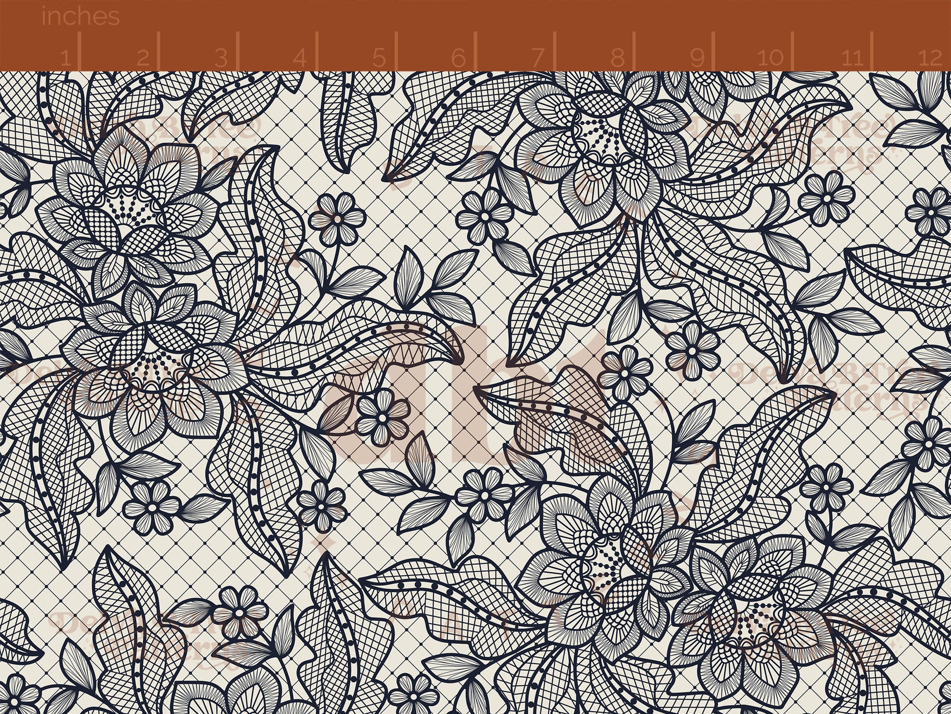 Navy blue flowers, leaves and faux lace netting on an alabaster / vintage off white background seamless pattern scale digital file for small shops that make handmade products in small batches.