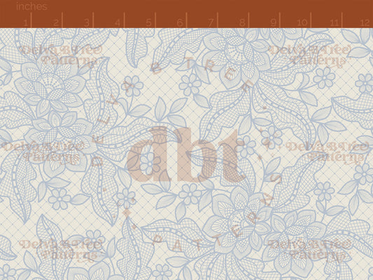 Pastel blue flowers, leaves and faux lace netting on an alabaster / vintage off white background seamless pattern scale digital file for small shops that make handmade products in small batches.