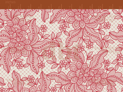 Watermelon red flowers, leaves and faux lace netting on an alabaster / vintage off white background seamless pattern scale digital file for small shops that make handmade products in small batches.