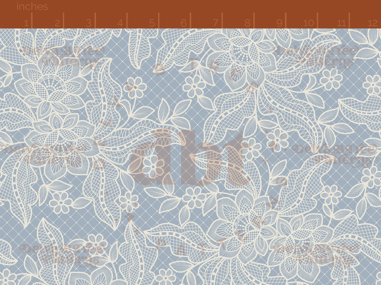 Vintage off white flowers, leaves and faux lace netting on a cadet blue background seamless pattern scale digital file for small shops that make handmade products in small batches.