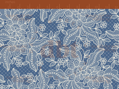 Vintage off white flowers, leaves and faux lace netting on a federal blue background seamless pattern scale digital file for small shops that make handmade products in small batches.