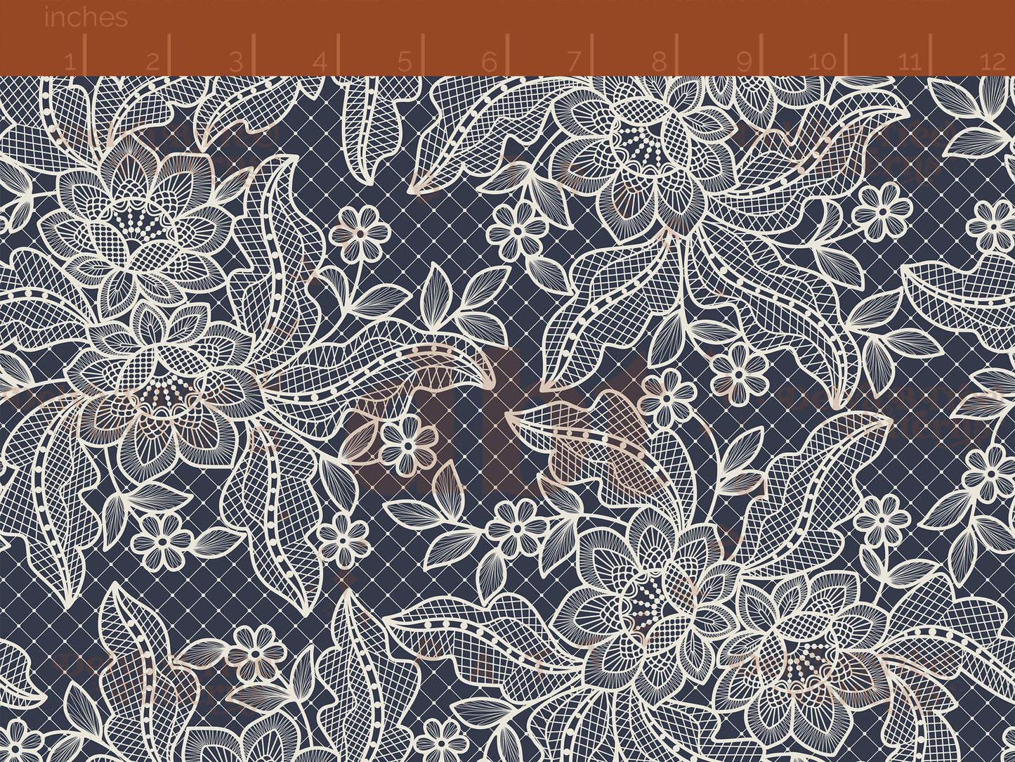 Vintage off white flowers, leaves and faux lace netting on a dark blue background seamless pattern scale digital file for small shops that make handmade products in small batches.