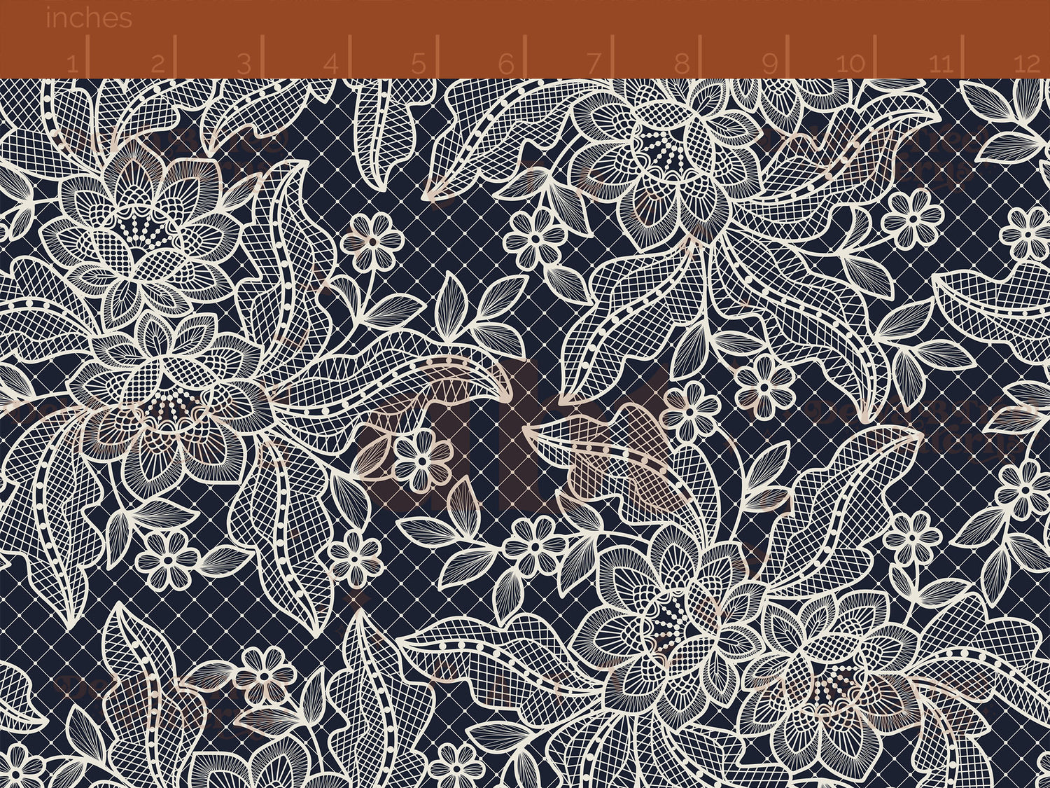 Vintage off white flowers, leaves and faux lace netting on a navy blue background seamless pattern scale digital file for small shops that make handmade products in small batches.
