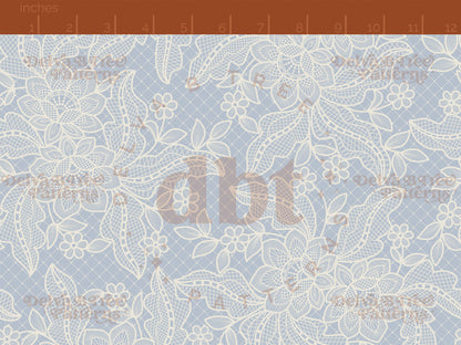Vintage off white flowers, leaves and faux lace netting on a pastel blue background seamless pattern scale digital file for small shops that make handmade products in small batches.