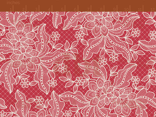 Vintage off white flowers, leaves and faux lace netting on a watermelon red background seamless pattern scale digital file for small shops that make handmade products in small batches.