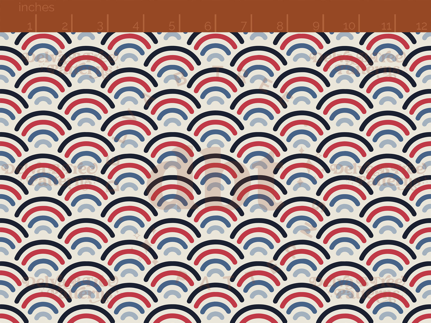 Small red and blue patriotic summer rainbows on an alabaster / vintage off white background seamless pattern scale digital file for small shops that make handmade products in small batches.