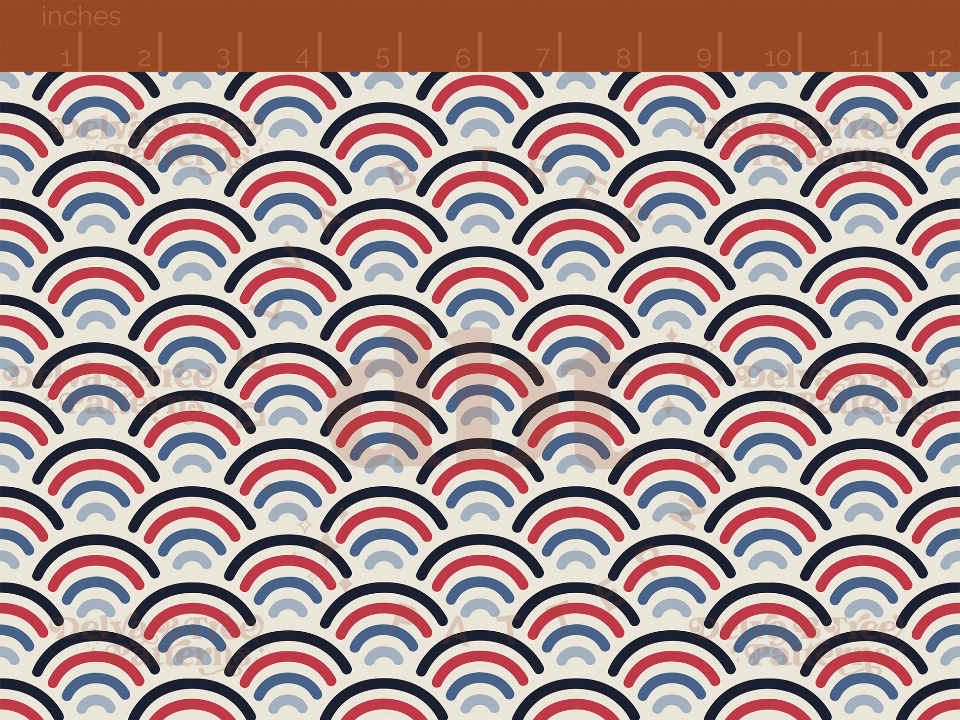 Small red and blue patriotic summer rainbows on an alabaster / vintage off white background seamless pattern scale digital file for small shops that make handmade products in small batches.