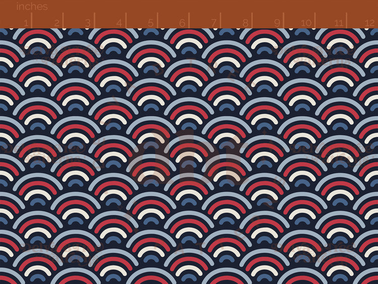 Small red, vintage off white and blue patriotic summer rainbows on a navy blue background seamless pattern scale digital file for small shops that make handmade products in small batches.