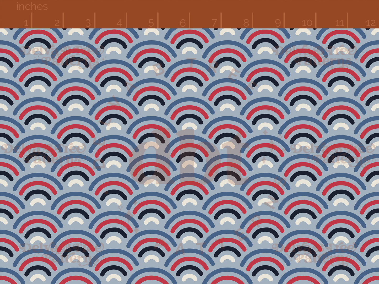 Small red, vintage off white and blue patriotic summer rainbows on a cadet blue background seamless pattern scale digital file for small shops that make handmade products in small batches.