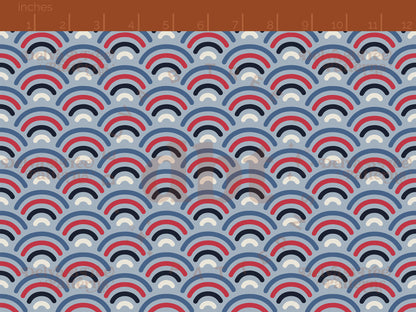 Small red, vintage off white and blue patriotic summer rainbows on a cadet blue background seamless pattern scale digital file for small shops that make handmade products in small batches.