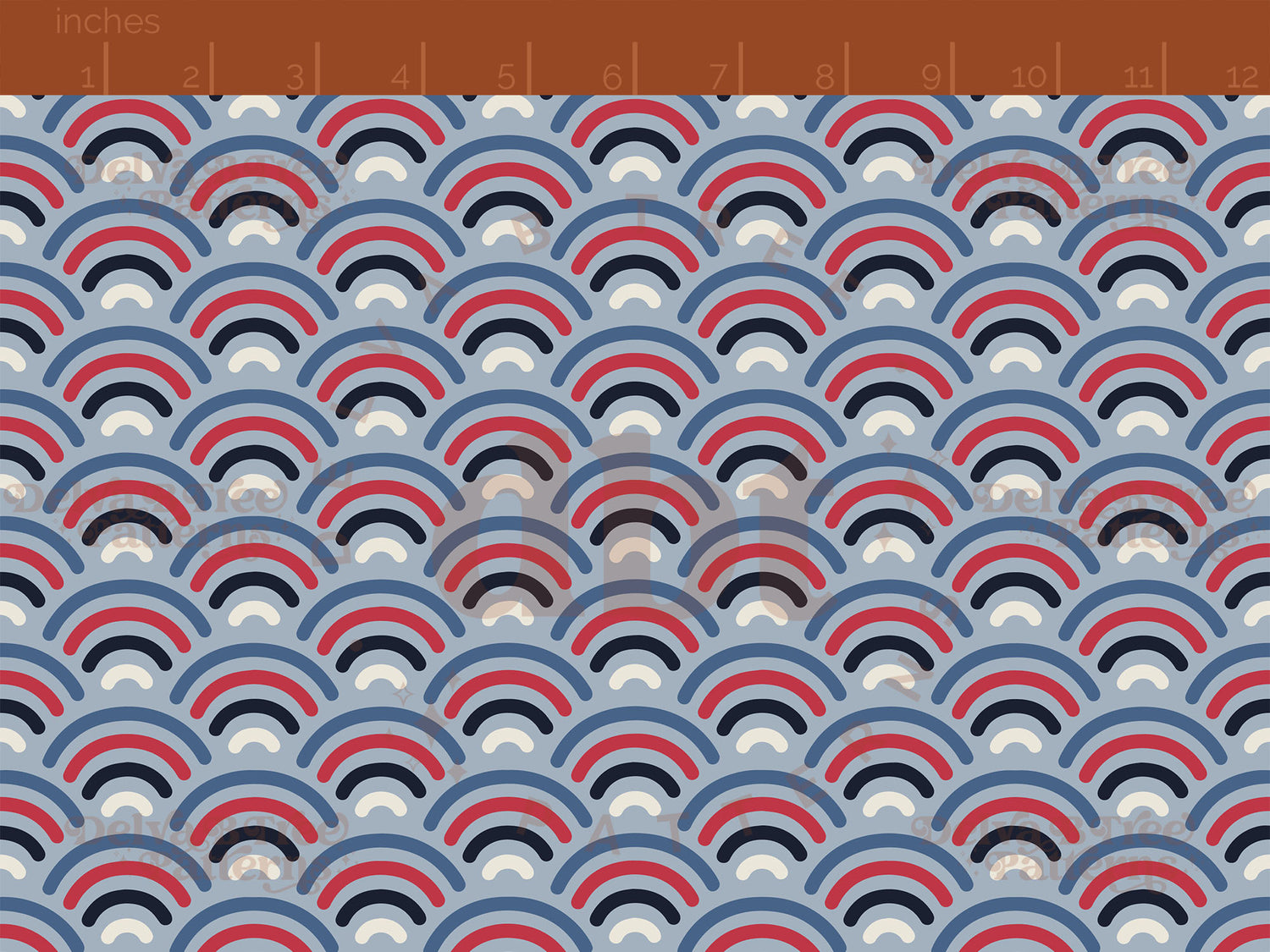 Small red, vintage off white and blue patriotic summer rainbows on a cadet blue background seamless pattern scale digital file for small shops that make handmade products in small batches.