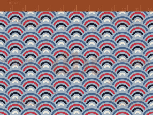 Small red, vintage off white and blue patriotic summer rainbows on a cadet blue background seamless pattern scale digital file for small shops that make handmade products in small batches.