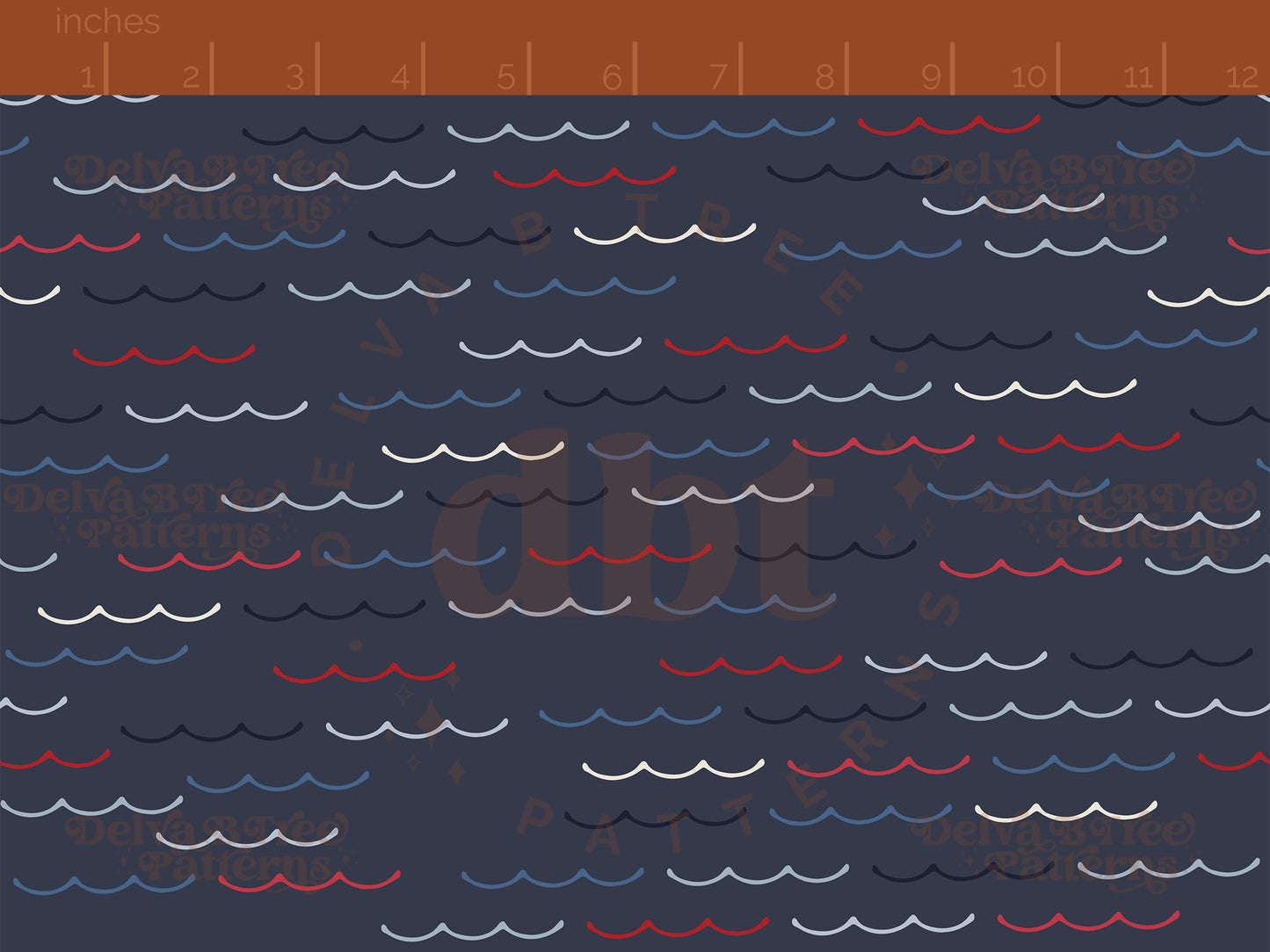 Red, vintage off white and blue ocean waves on a dark blue background seamless pattern scale digital file for small shops that make handmade products in small batches.