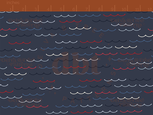 Red, vintage off white and blue ocean waves on a dark blue background seamless pattern scale digital file for small shops that make handmade products in small batches.