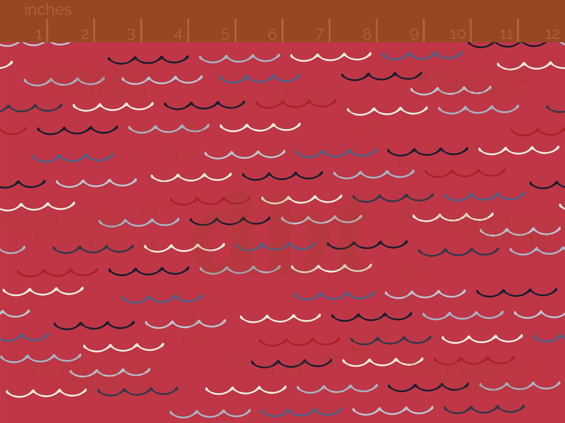 Red, vintage off white and blue ocean waves on a watermelon red background seamless pattern scale digital file for small shops that make handmade products in small batches.