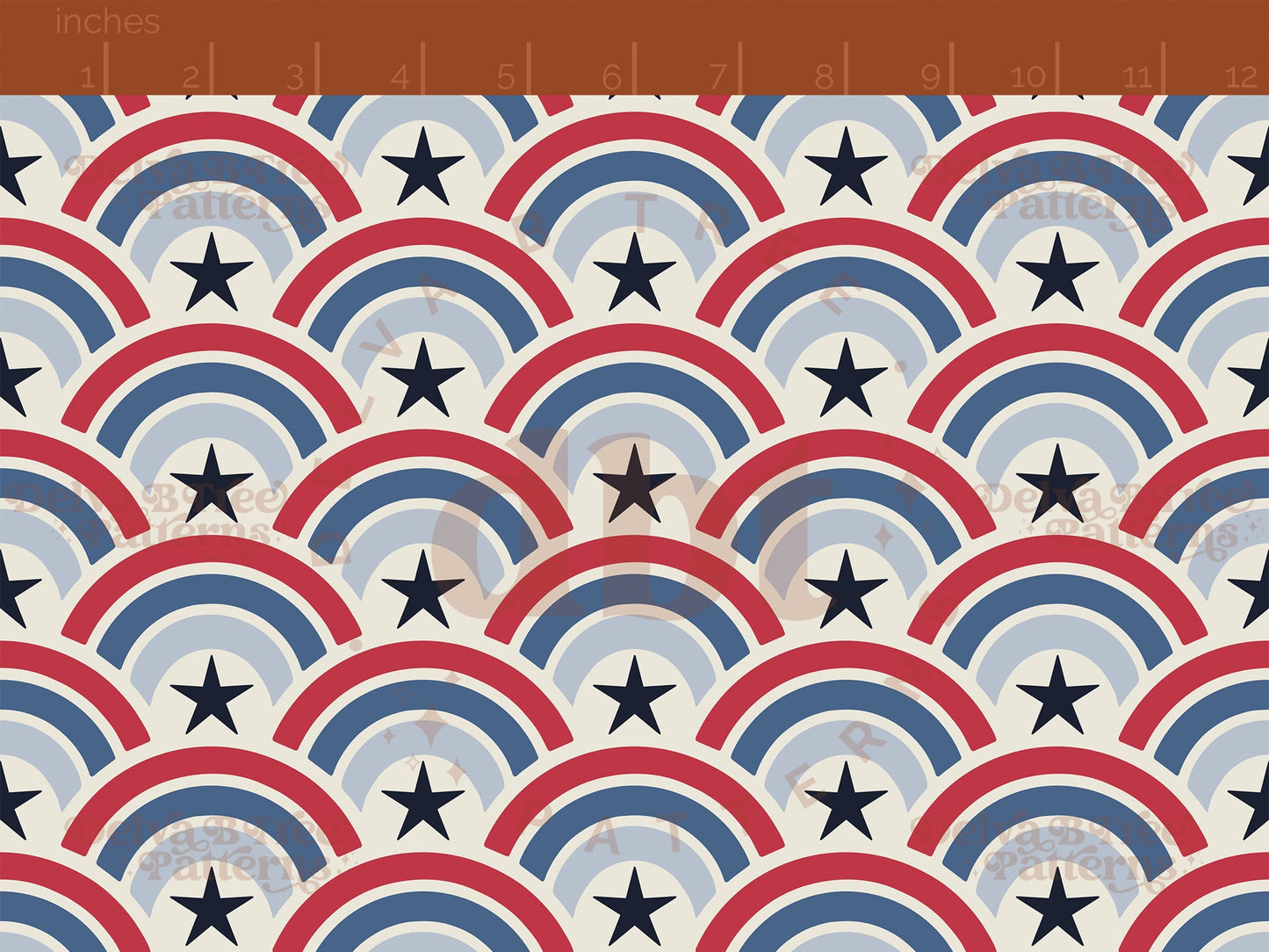 Red, vintage off white and blue patriotic summer rainbows with navy stars seamless pattern scale digital file for small shops that make handmade products in small batches.