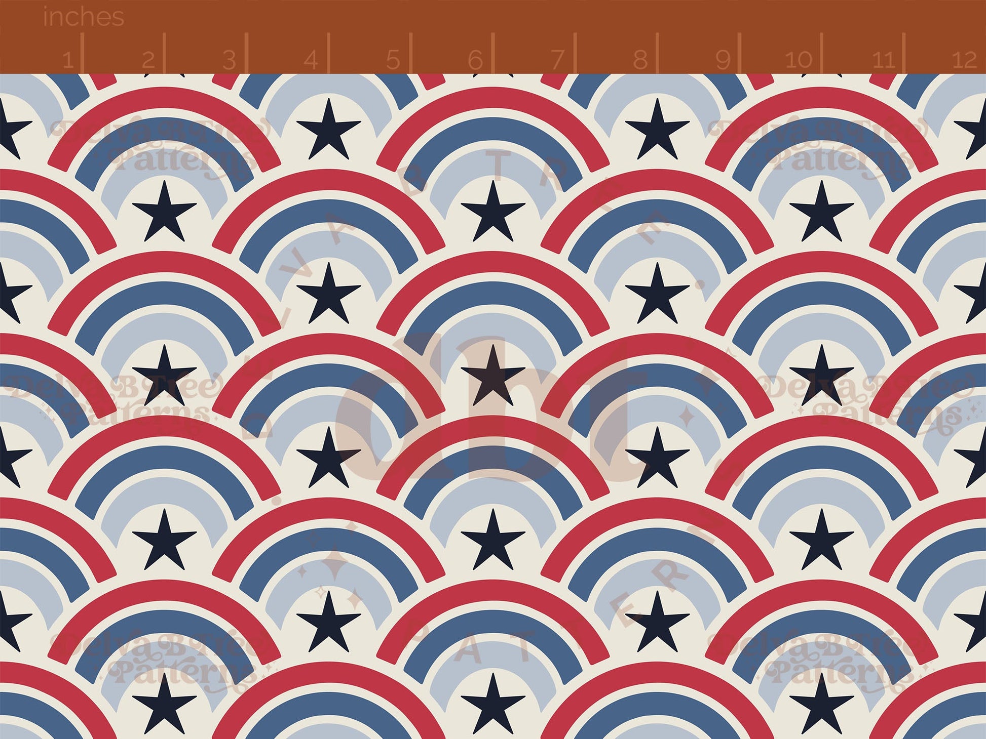 Red, vintage off white and blue patriotic summer rainbows with navy stars seamless pattern scale digital file for small shops that make handmade products in small batches.