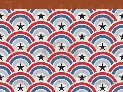 Red, vintage off white and blue patriotic summer rainbows with navy stars seamless pattern scale digital file for small shops that make handmade products in small batches.