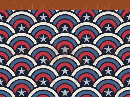 Red, vintage off white and blue patriotic summer rainbows with blue stars seamless pattern scale digital file for small shops that make handmade products in small batches.