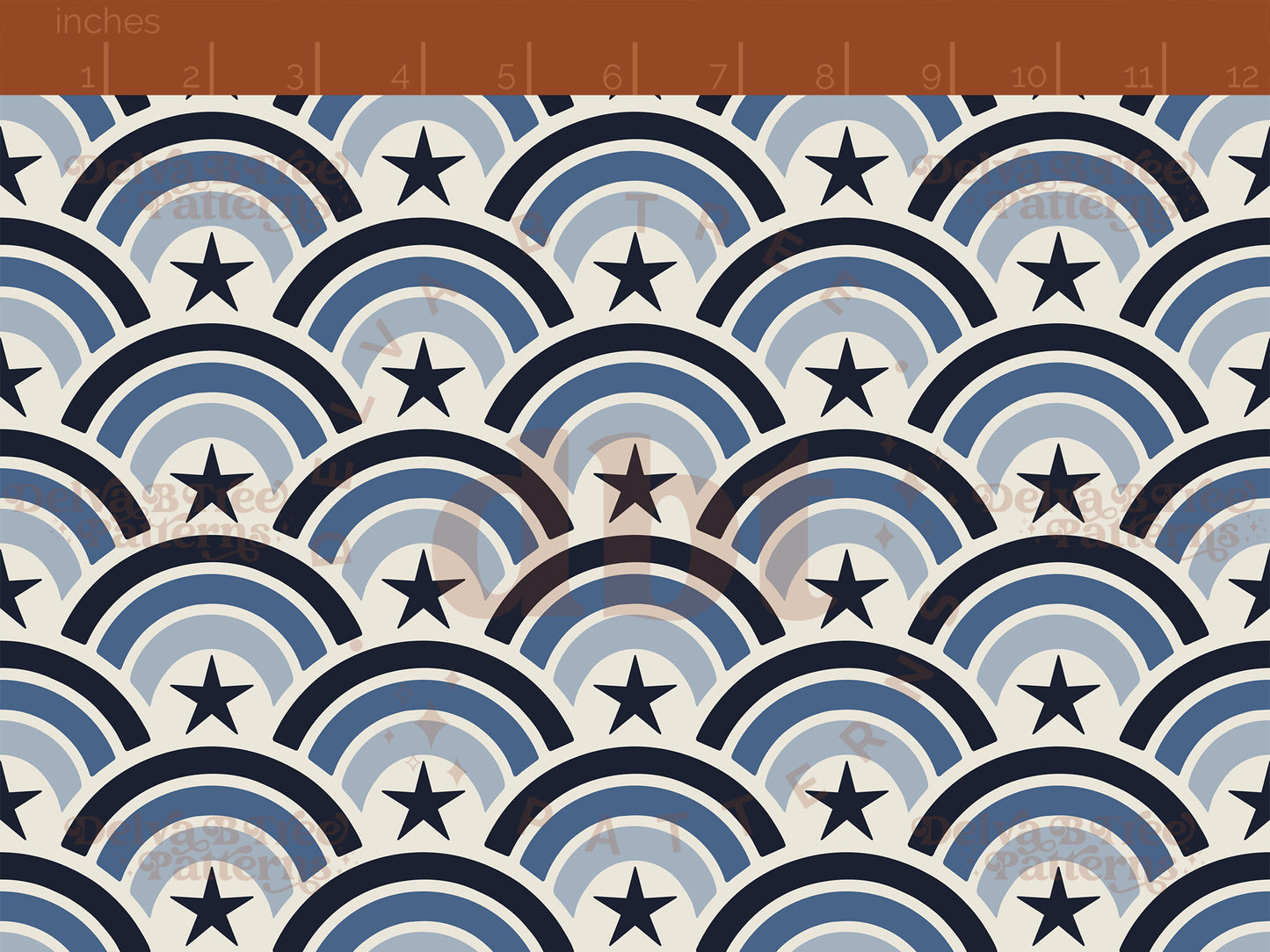 Vintage off white and blue summer rainbows with dark blue stars seamless pattern scale digital file for small shops that make handmade products in small batches.