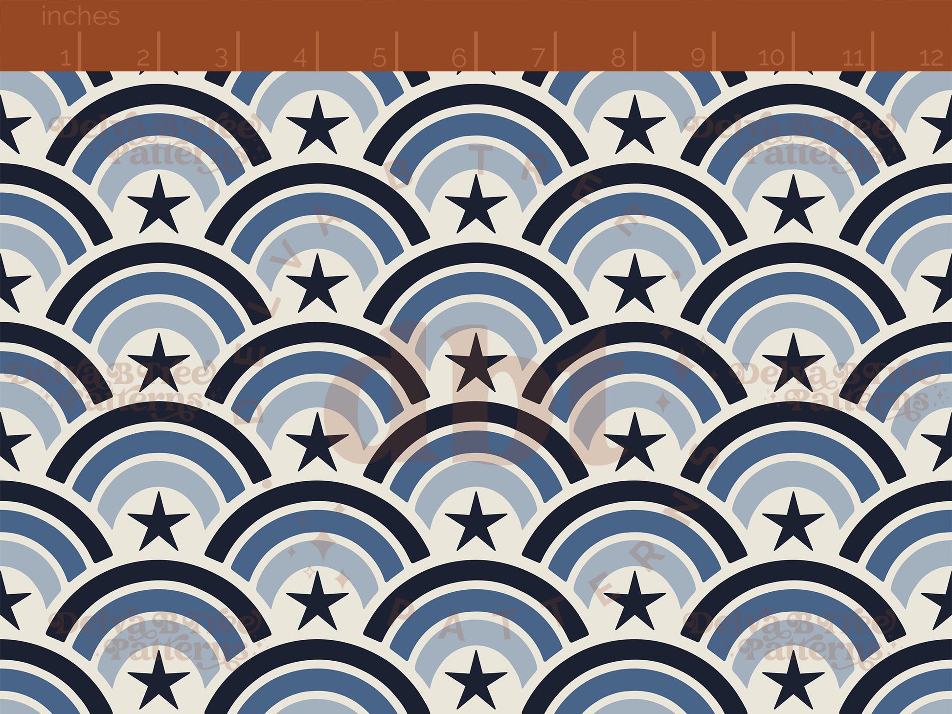 Vintage off white and blue summer rainbows with dark blue stars seamless pattern scale digital file for small shops that make handmade products in small batches.