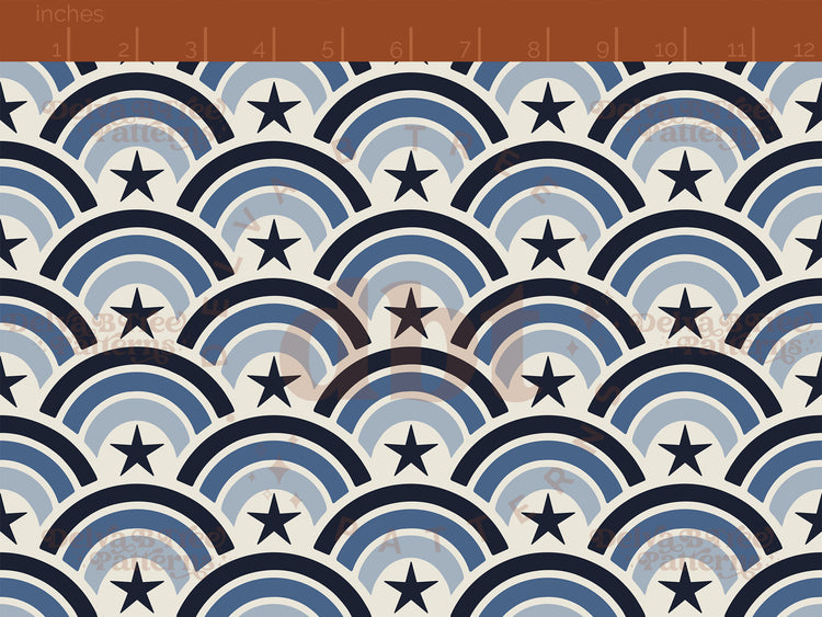 Vintage off white and blue summer rainbows with dark blue stars seamless pattern scale digital file for small shops that make handmade products in small batches.