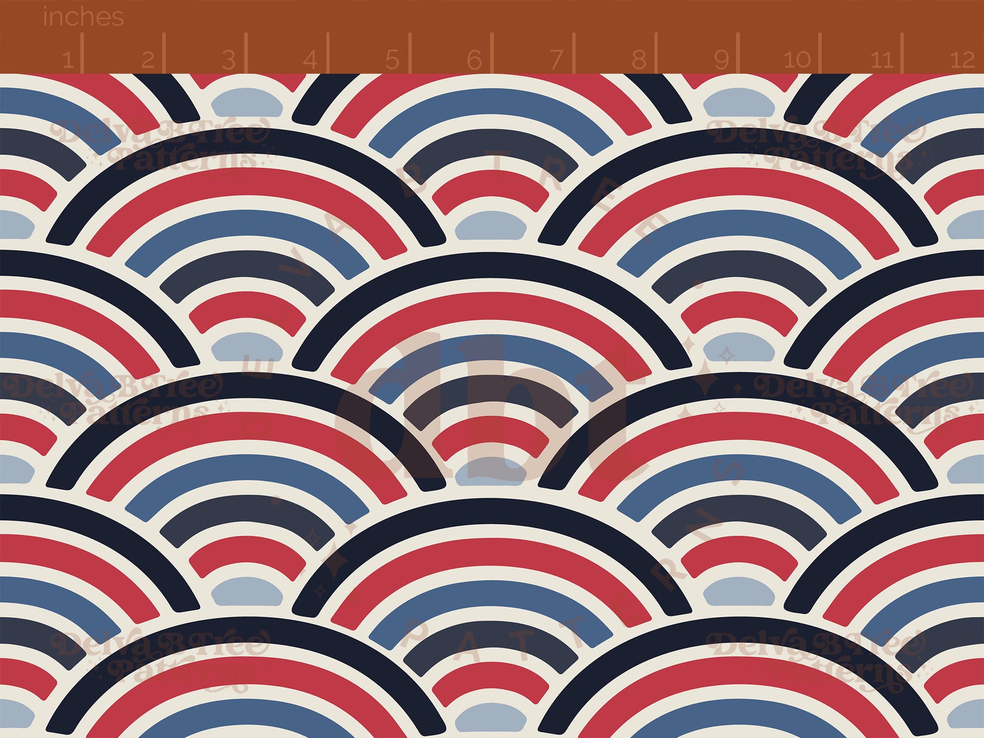 Red, vintage off white and blue patriotic summer rainbows on an alabaster / vintage off white background seamless pattern scale digital file for small shops that make handmade products in small batches.