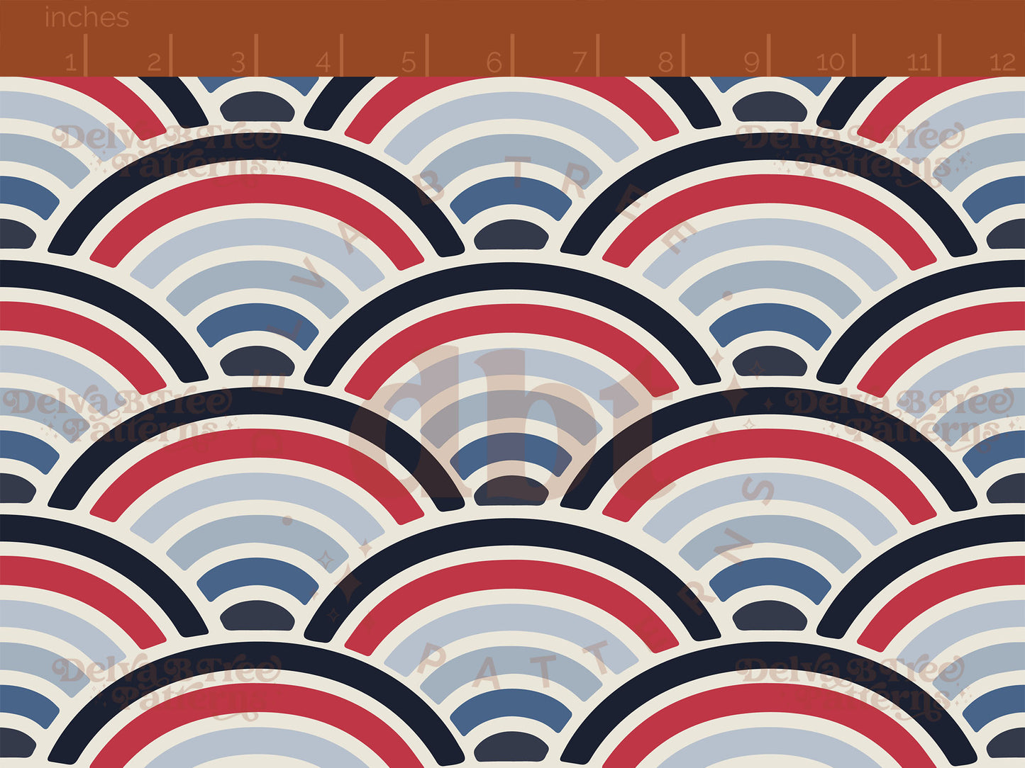 Red, vintage off white and blue patriotic summer rainbows on an alabaster / vintage off white background seamless pattern scale digital file for small shops that make handmade products in small batches.