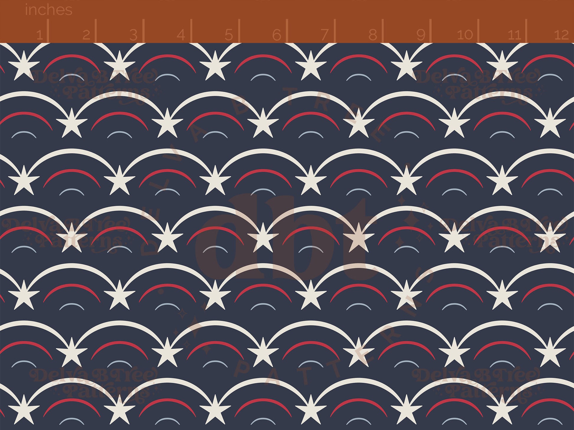 Red, vintage white and blue patriotic stars and stripes on a dark blue background seamless pattern scale digital file for small shops that make handmade products in small batches.