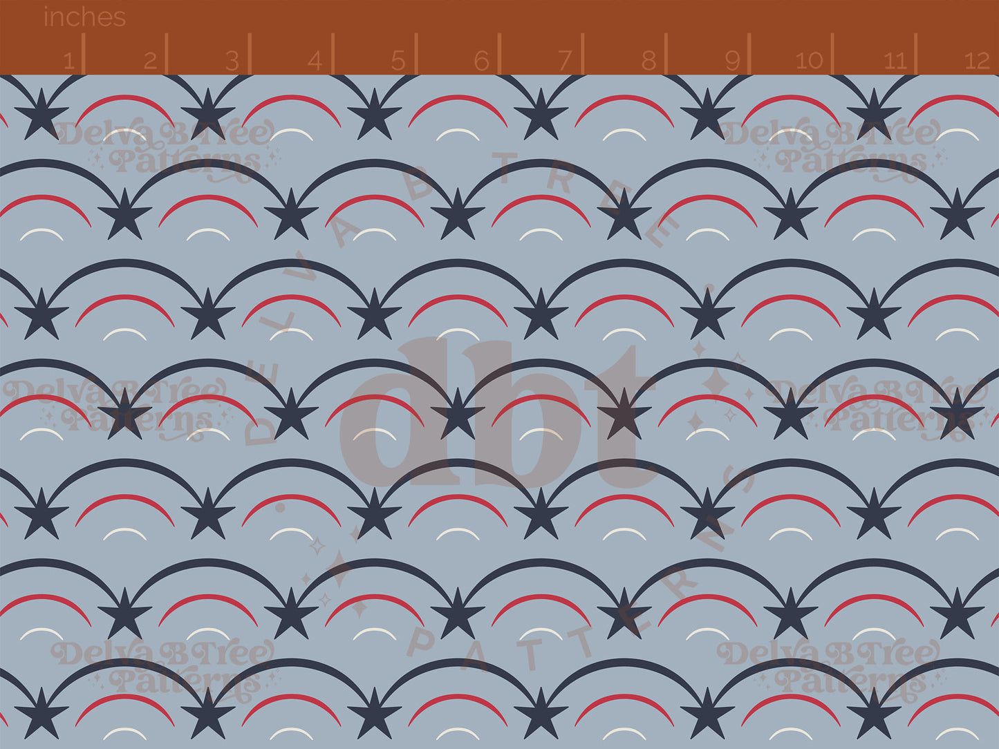 Red, vintage white and blue patriotic stars and stripes on a cadet blue background seamless pattern scale digital file for small shops that make handmade products in small batches.