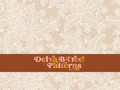Off white flowers, leaves and faux lace netting on a light brown background seamless file for fabric printing. Dainty, delicate, feminine, romantic Floral Repeat Pattern for textiles, polymailers, baby girl lovey blankets, nursery crib bedding, kids clothing, girls hair accessories, home decor accents, pet products.