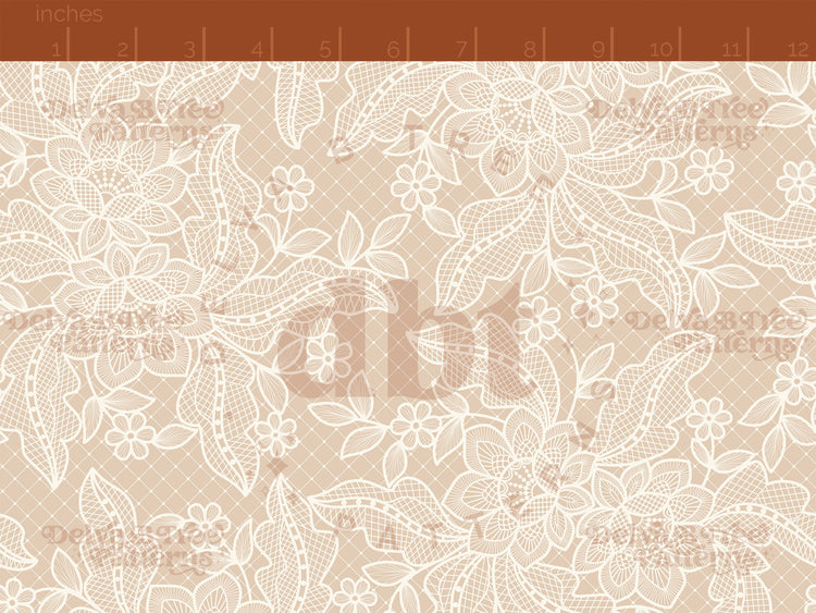 Off white flowers, leaves and faux lace netting on a light brown background seamless pattern scale digital file for small shops that make handmade products in small batches.
