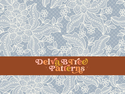 Off white flowers, leaves and faux lace netting on a cadet blue background seamless file for fabric printing. Dainty, delicate, feminine, romantic Floral Repeat Pattern for textiles, polymailers, baby girl lovey blankets, nursery crib bedding, kids clothing, girls hair accessories, home decor accents, pet products.