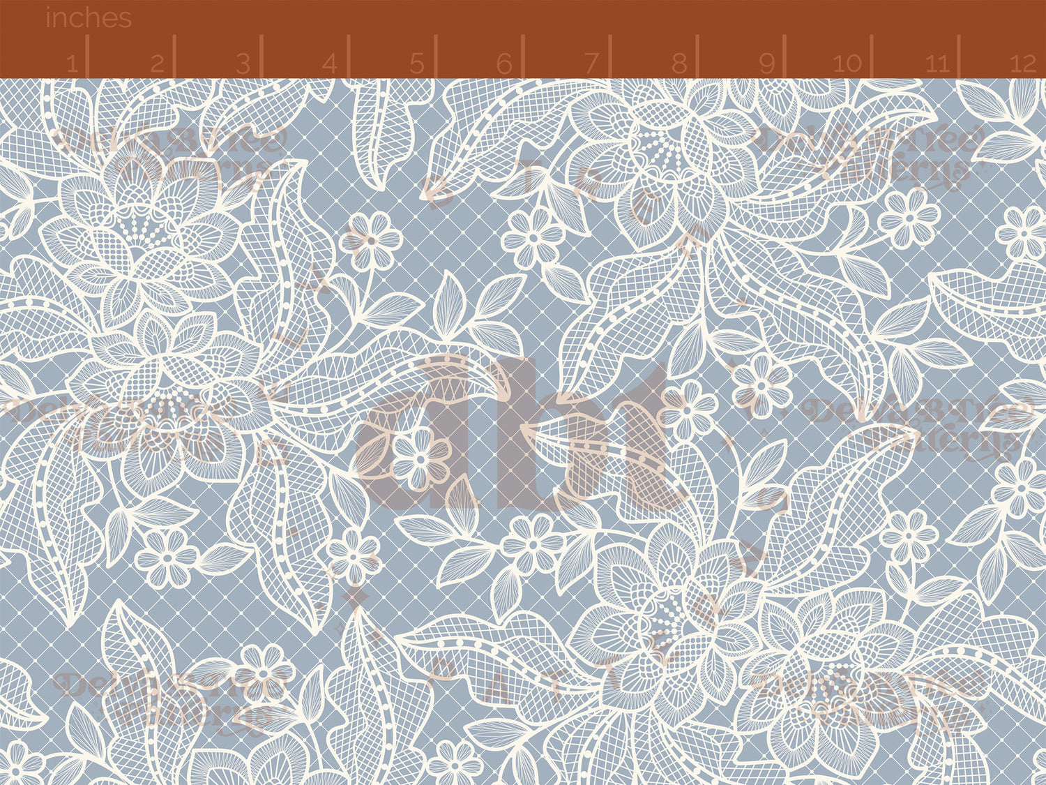 Off white flowers, leaves and faux lace netting on a cadet blue background seamless pattern scale digital file for small shops that make handmade products in small batches.