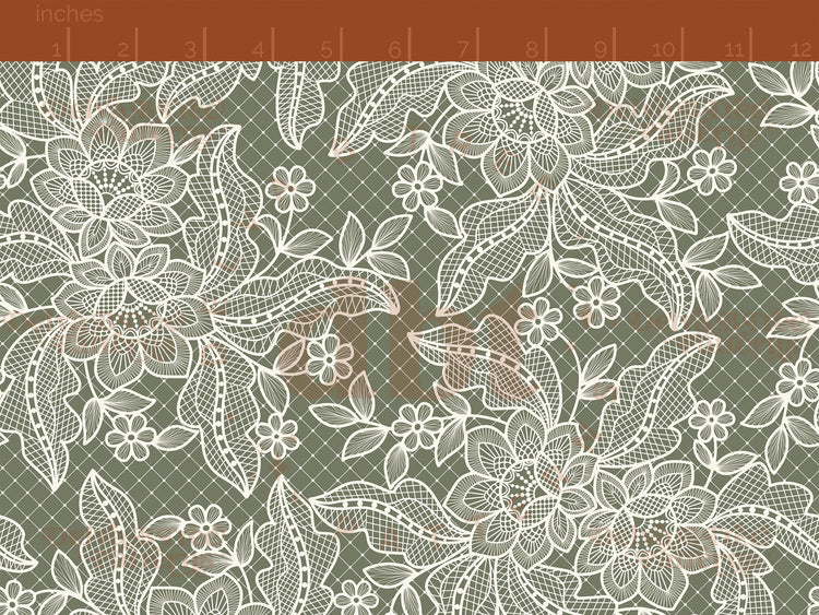 Off white flowers, leaves and faux lace netting on a camouflage green background seamless pattern scale digital file for small shops that make handmade products in small batches.