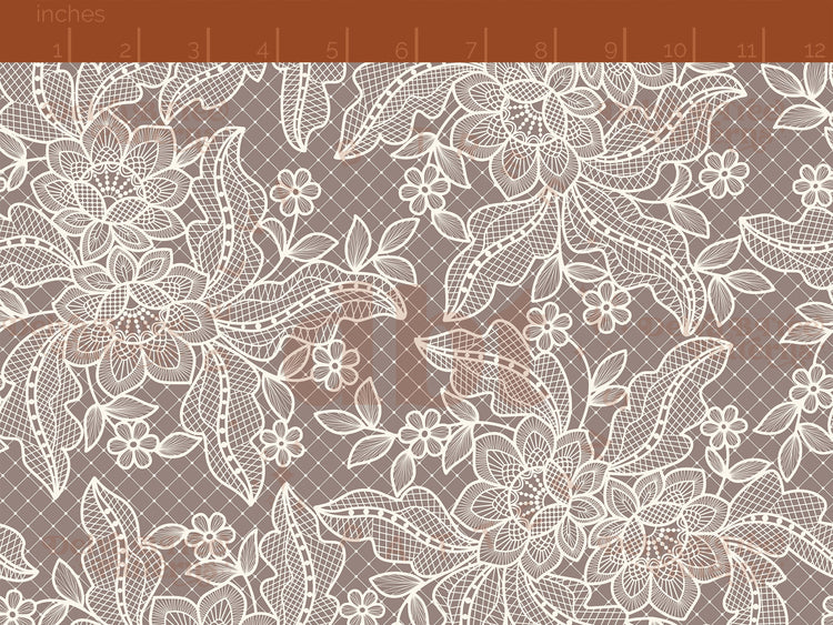 Off white flowers, leaves and faux lace netting on a cinereous taupe background seamless pattern scale digital file for small shops that make handmade products in small batches.