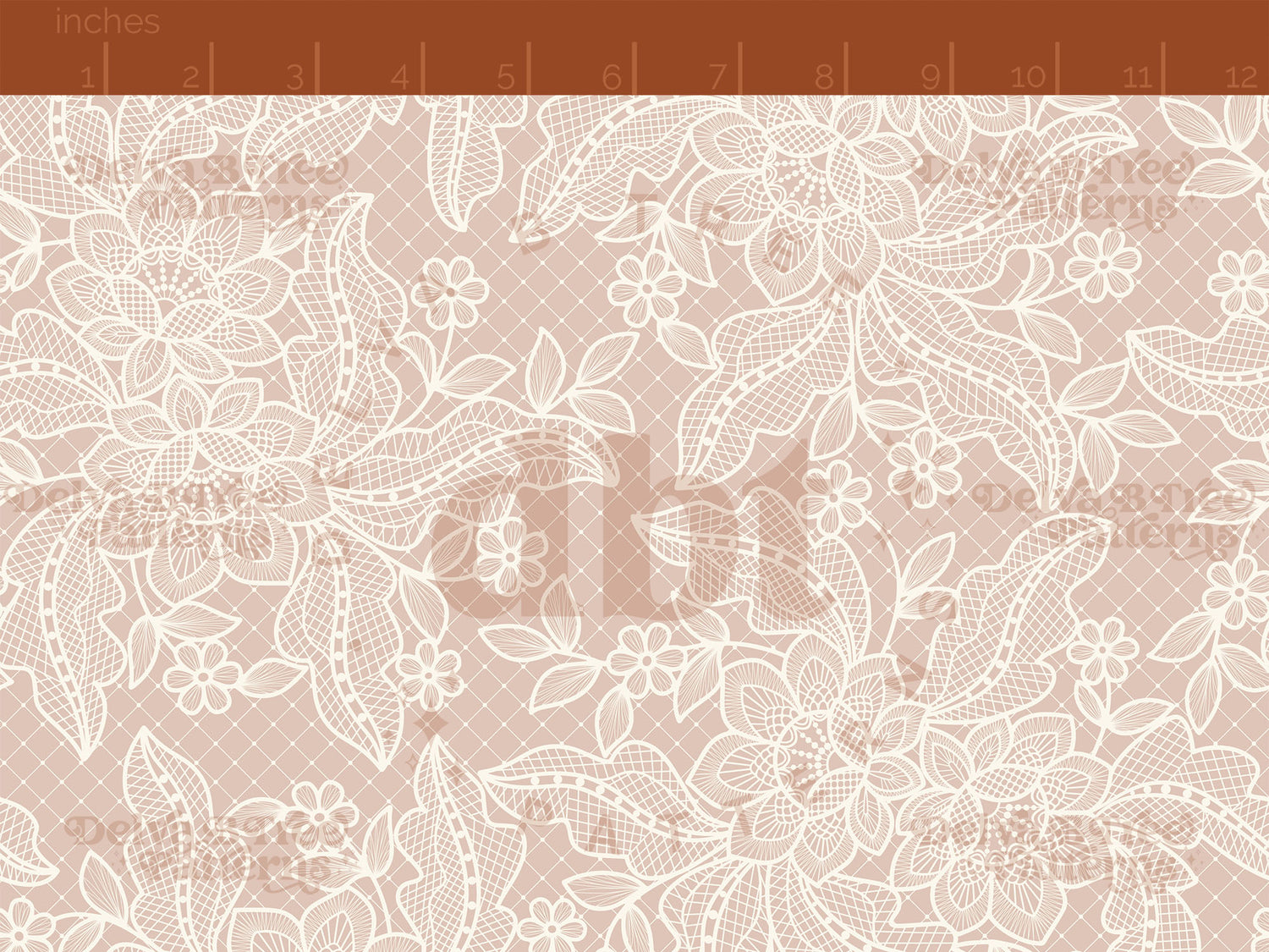 Off white flowers, leaves and faux lace netting on a blush pink background seamless pattern scale digital file for small shops that make handmade products in small batches.